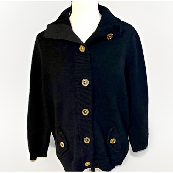 Lauren Ralph Lauren Cardigan Jacket XL Black Cotton Gold Button Preppy - Picture 2 of 8